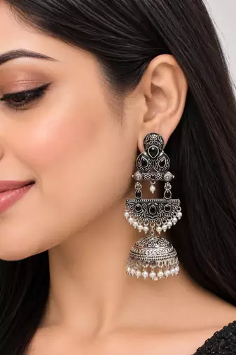 German silver crescent black long dome jhumka earrings