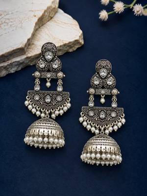 German silver crescent clear long dome jhumka earrings 1