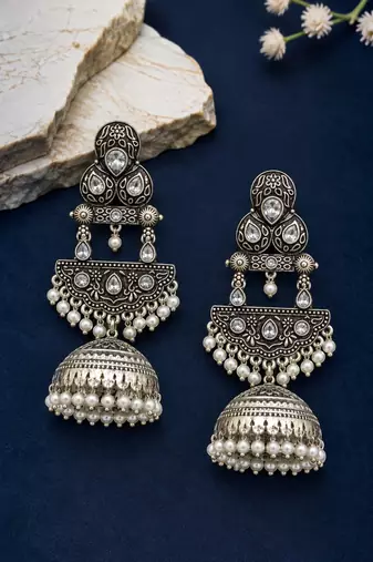 German silver crescent clear long dome jhumka earrings