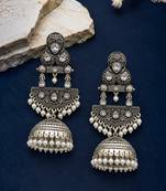 German silver crescent clear long dome jhumka earrings