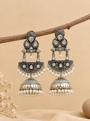 German silver crescent clear long dome jhumka earrings 2
