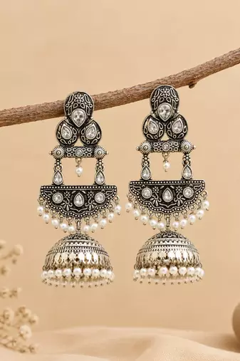 German silver crescent clear long dome jhumka earrings