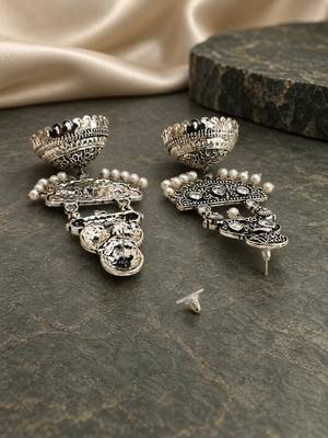 German silver crescent clear long dome jhumka earrings 3
