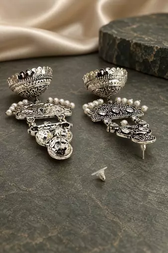 German silver crescent clear long dome jhumka earrings