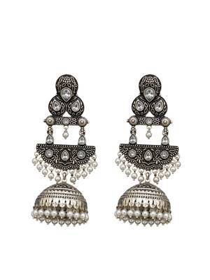German silver crescent clear long dome jhumka earrings 4