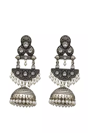 German silver crescent clear long dome jhumka earrings