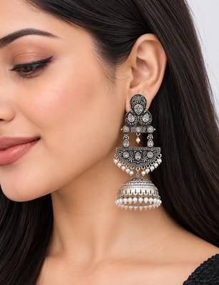 German silver crescent clear long dome jhumka earrings 5