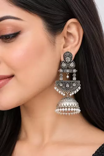 German silver crescent clear long dome jhumka earrings