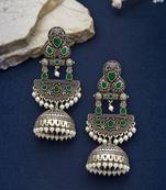 German silver crescent green long dome jhumka earrings