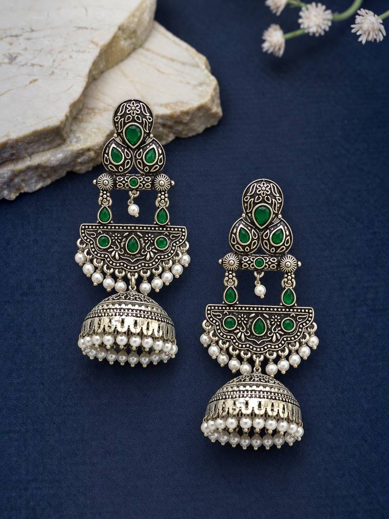 German silver crescent green long dome jhumka earrings