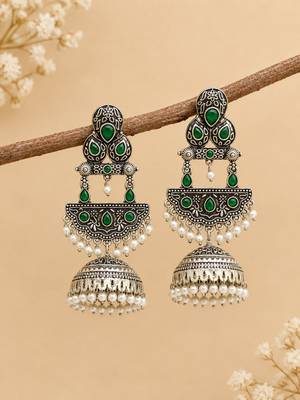 German silver crescent green long dome jhumka earrings 2