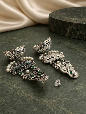German silver crescent green long dome jhumka earrings 3