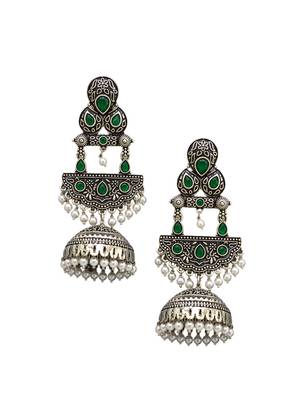 German silver crescent green long dome jhumka earrings 4