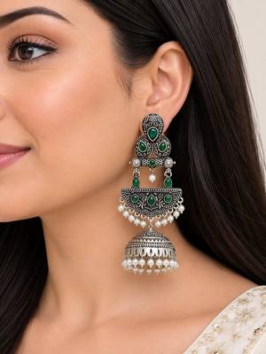 German silver crescent green long dome jhumka earrings 5