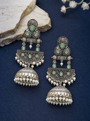 German silver crescent mint long dome jhumka earrings 1