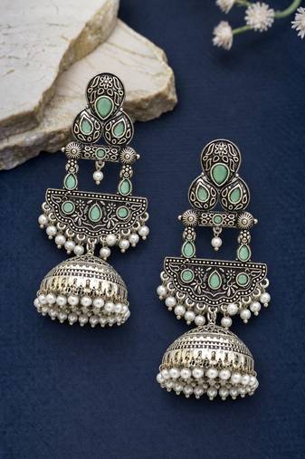 German silver crescent mint long dome jhumka earrings