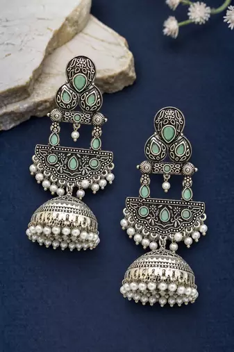 German silver crescent mint long dome jhumka earrings