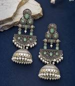 German silver crescent mint long dome jhumka earrings
