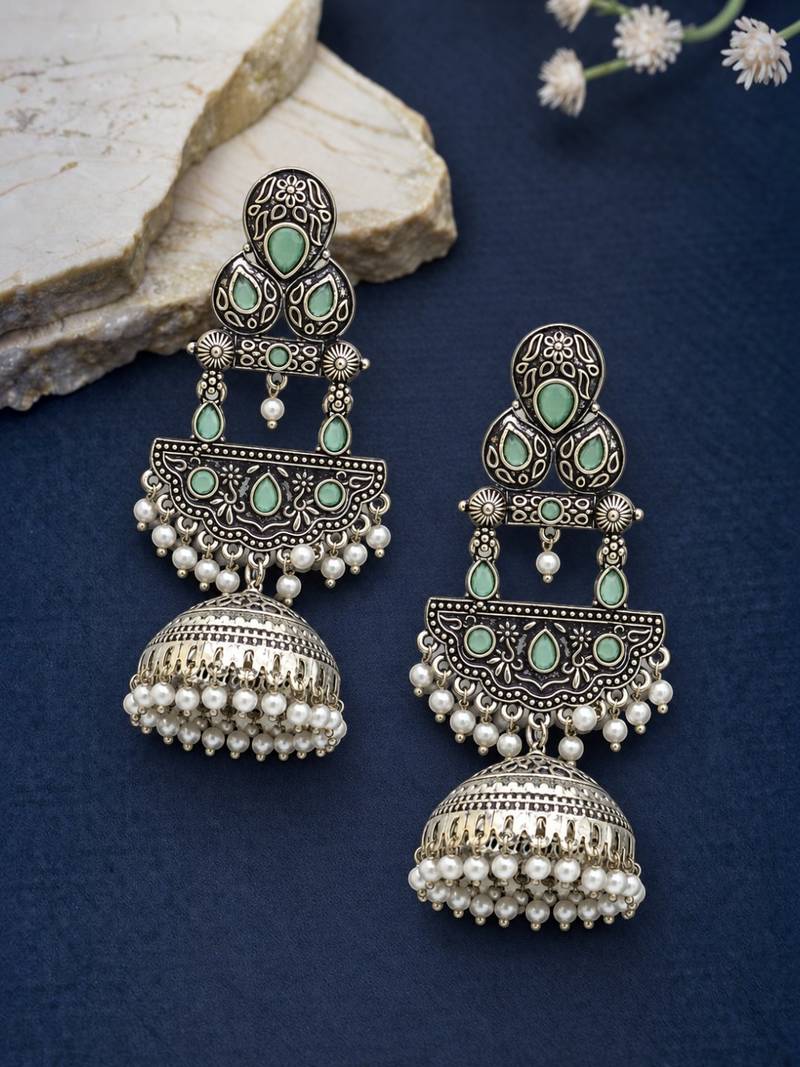 German silver crescent mint long dome jhumka earrings