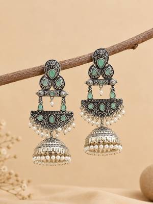 German silver crescent mint long dome jhumka earrings 2