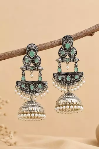 German silver crescent mint long dome jhumka earrings
