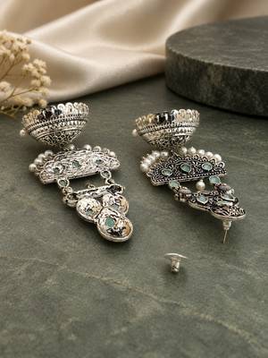 German silver crescent mint long dome jhumka earrings 3
