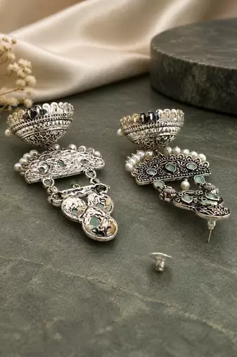 German silver crescent mint long dome jhumka earrings