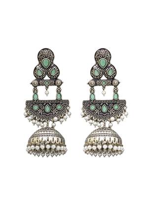 German silver crescent mint long dome jhumka earrings 4