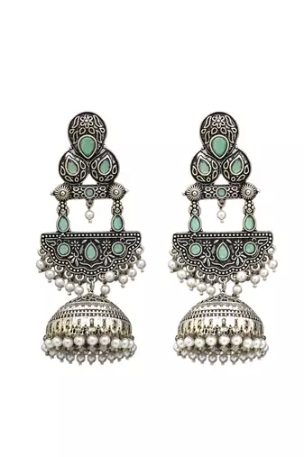 German silver crescent mint long dome jhumka earrings