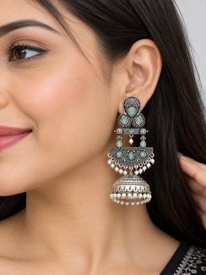 German silver crescent mint long dome jhumka earrings 5