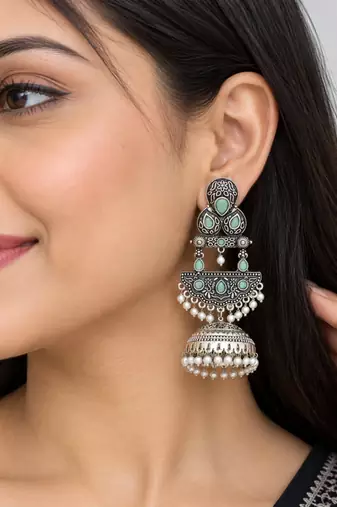 German silver crescent mint long dome jhumka earrings