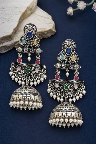 German silver crescent multi long dome jhumka earrings