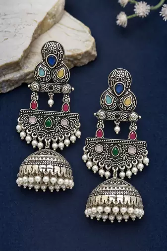 German silver crescent multi long dome jhumka earrings