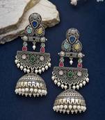 German silver crescent multi long dome jhumka earrings