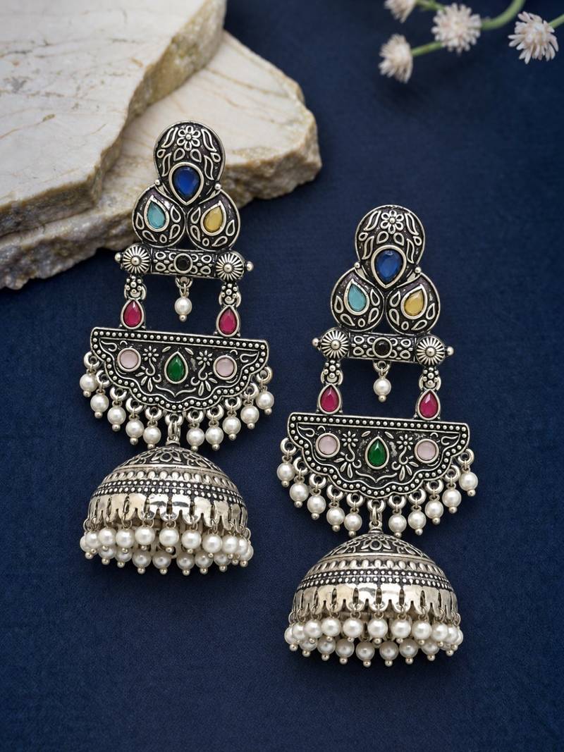 German silver crescent multi long dome jhumka earrings