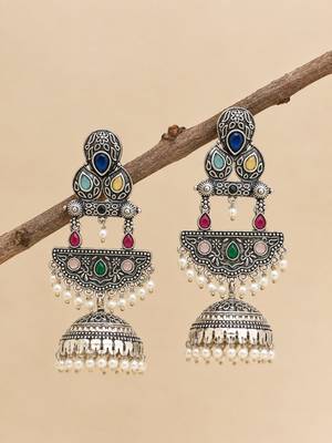German silver crescent multi long dome jhumka earrings 2