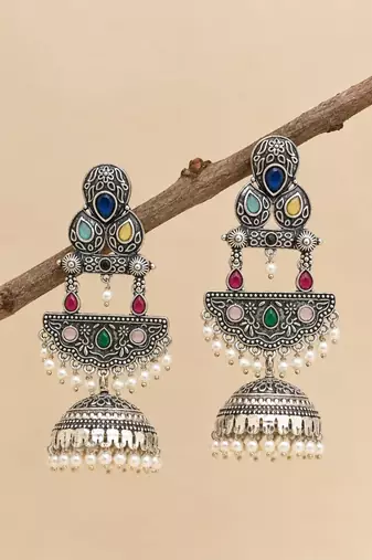 German silver crescent multi long dome jhumka earrings