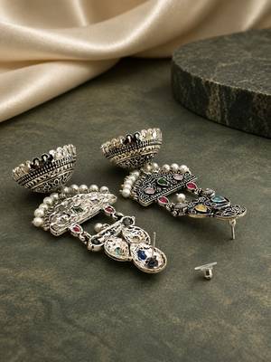 German silver crescent multi long dome jhumka earrings 3
