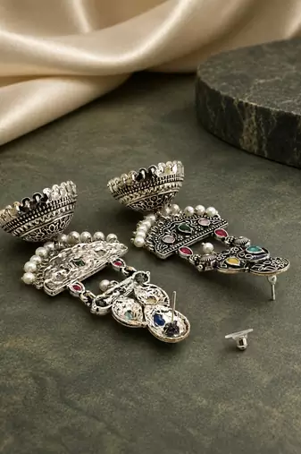 German silver crescent multi long dome jhumka earrings