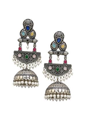 German silver crescent multi long dome jhumka earrings 4