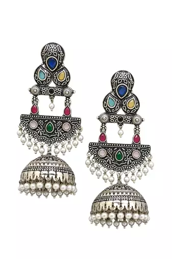 German silver crescent multi long dome jhumka earrings