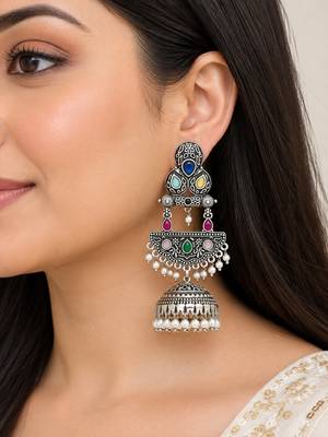 German silver crescent multi long dome jhumka earrings 5