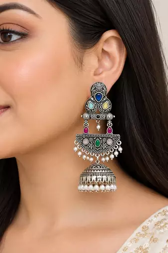 German silver crescent multi long dome jhumka earrings
