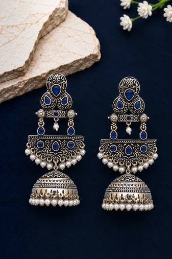 German silver crescent navy blue long dome jhumka earrings