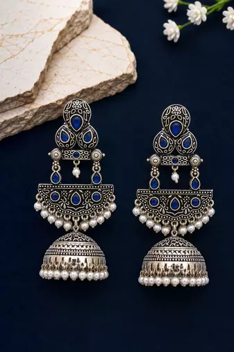 German silver crescent navy blue long dome jhumka earrings