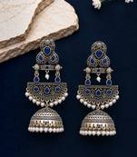 German silver crescent navy blue long dome jhumka earrings