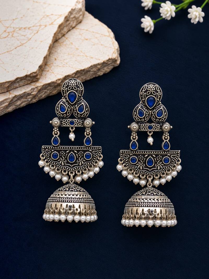German silver crescent navy blue long dome jhumka earrings