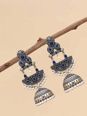 German silver crescent navy blue long dome jhumka earrings 2