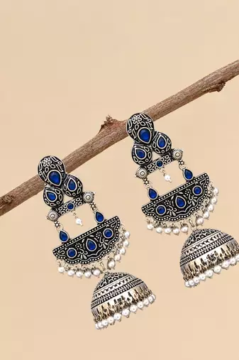 German silver crescent navy blue long dome jhumka earrings