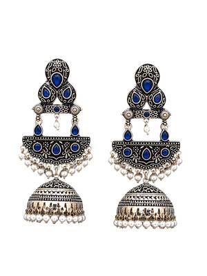 German silver crescent navy blue long dome jhumka earrings 4